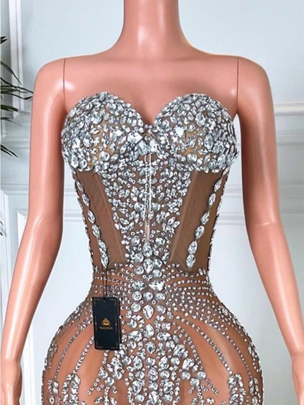 Crystal-Embellished Strapless Nude Evening Gown